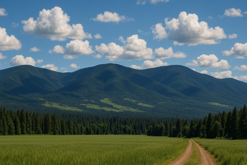 Elgin OR 33 A dirt road curves through a green field bordered by pine trees near Elgin, with forested mountains in the background under a blue sky scattered with fluffy white clouds.